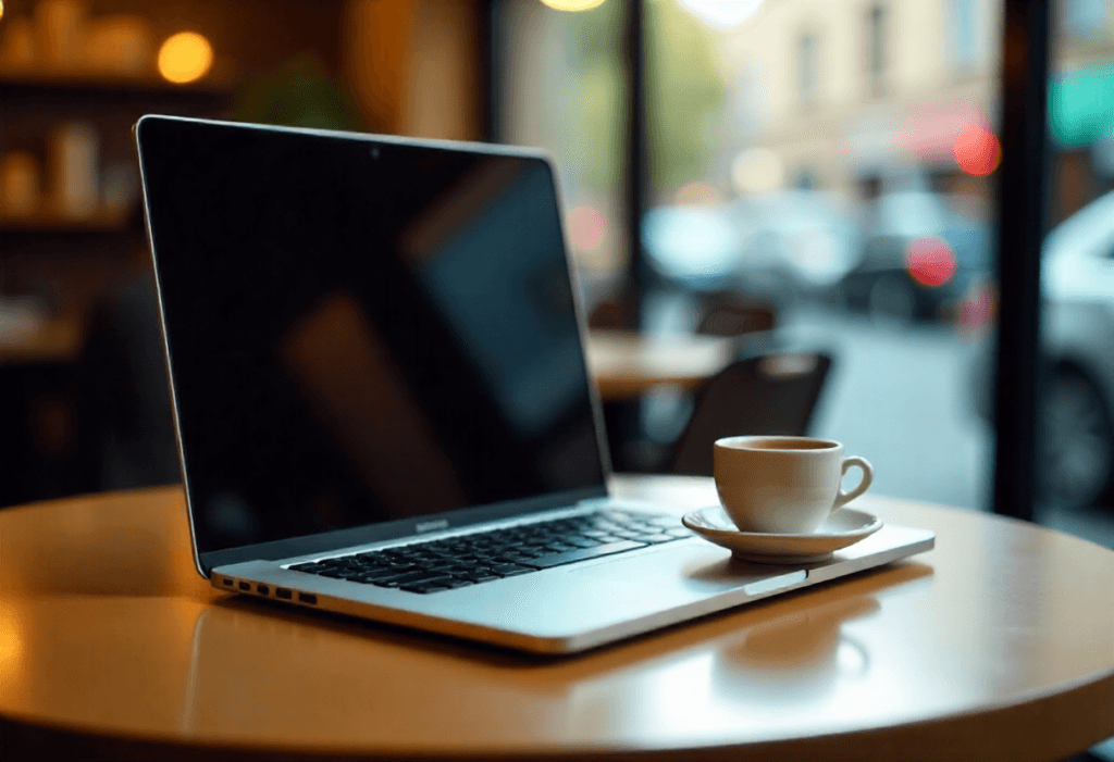 Digital nomad BENX bekerja dari kontrakan Da Nang dengan laptop dan espresso—cara jadi digital nomad tanpa modal gede