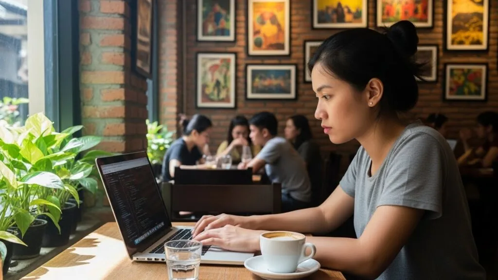 Digital nomad Indonesia bekerja di cafe Vietnam dengan laptop dan secangkir kopi espresso, suasana realistis tanpa filter Instagram