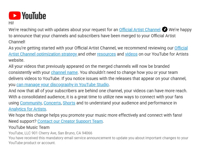 Email dari Youtube untuk approved verifikasi Artist - Kopi dan Produktivitas Freelancer