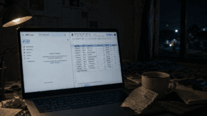 Laptop menunjukkan inbox kosong dan spreadsheet invoice bernilai nol jam 3 pagi, Americano dingin di sampingnya — realita anxiety finansial freelancer bulan kering freelancer Indonesia