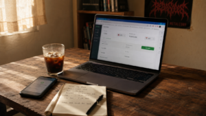 Meja kayu dengan laptop menampilkan kalkulator Wise, smartphone notifikasi bank, notebook hitung fee, dan espresso dingin pagi hari — editorial tentang biaya transfer Wise Indonesia.