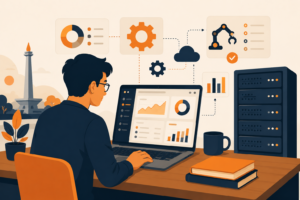 Inovasi digital sebagai kunci daya saing UMKM Indonesia — ilustrasi tiga layer: infrastruktur, otomasi, dan strategi data-driven