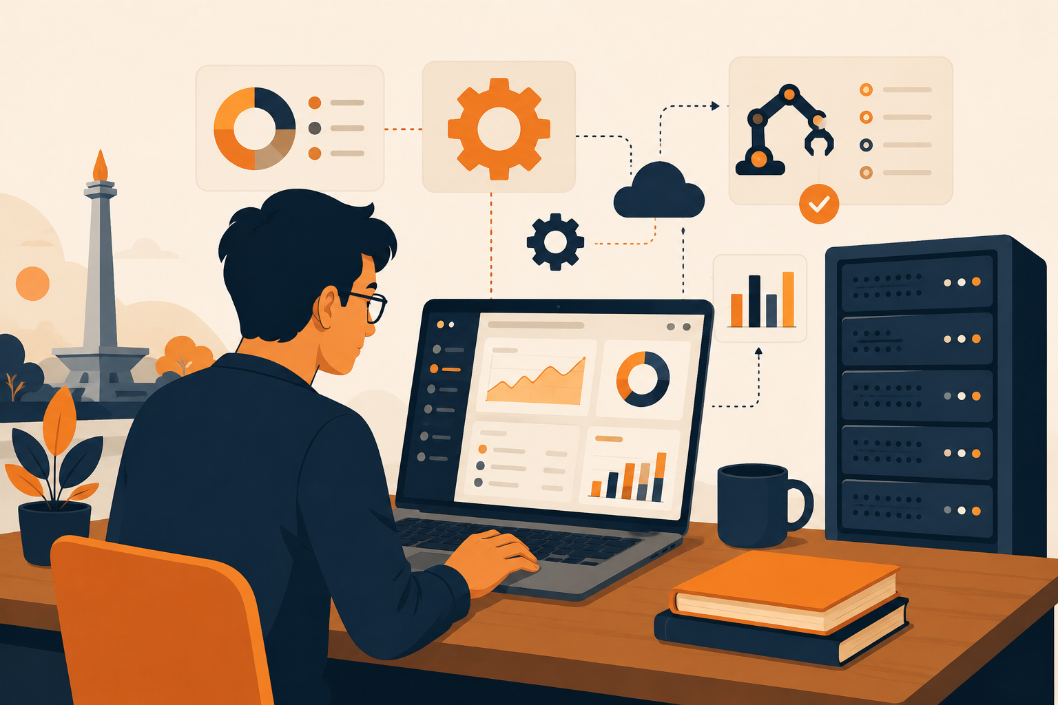 Inovasi digital sebagai kunci daya saing UMKM Indonesia — ilustrasi tiga layer: infrastruktur, otomasi, dan strategi data-driven
