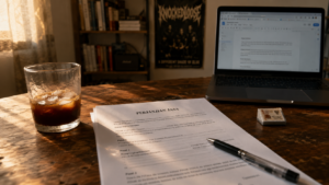 Meja kayu dengan dokumen kontrak perjanjian jasa, pulpen, espresso dingin, dan laptop sore hari — editorial tentang kontrak freelancer template Indonesia.