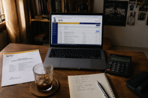 Meja kayu dengan laptop menampilkan portal DJP, dokumen NPWP, kalkulator, dan espresso dingin pagi hari — editorial tentang pajak freelancer digital nomad Indonesia.
