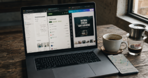 Layar laptop dengan ikon app Notion Wise Canva di samping Americano dan smartphone Grab — tools wajib digital nomad Indonesia yang beneran dipakai